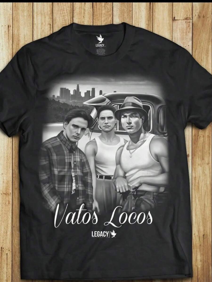 Vatos Locos Unisex T-Shirt With Retro Urban Design, Vintage Latin Culture Style, Fashion For Men And Women, Festival Themed Night Top - 黑色 - 查看 1