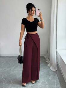 Elenzya Pantalones anchos de traje de color block elegante color albaricoque para mujeres - Burdeos - Ver 6