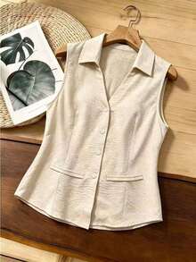 Camisa de uso diario versátil y casual de unicolor para mujer de talla grande - Albaricoque - Ver 6