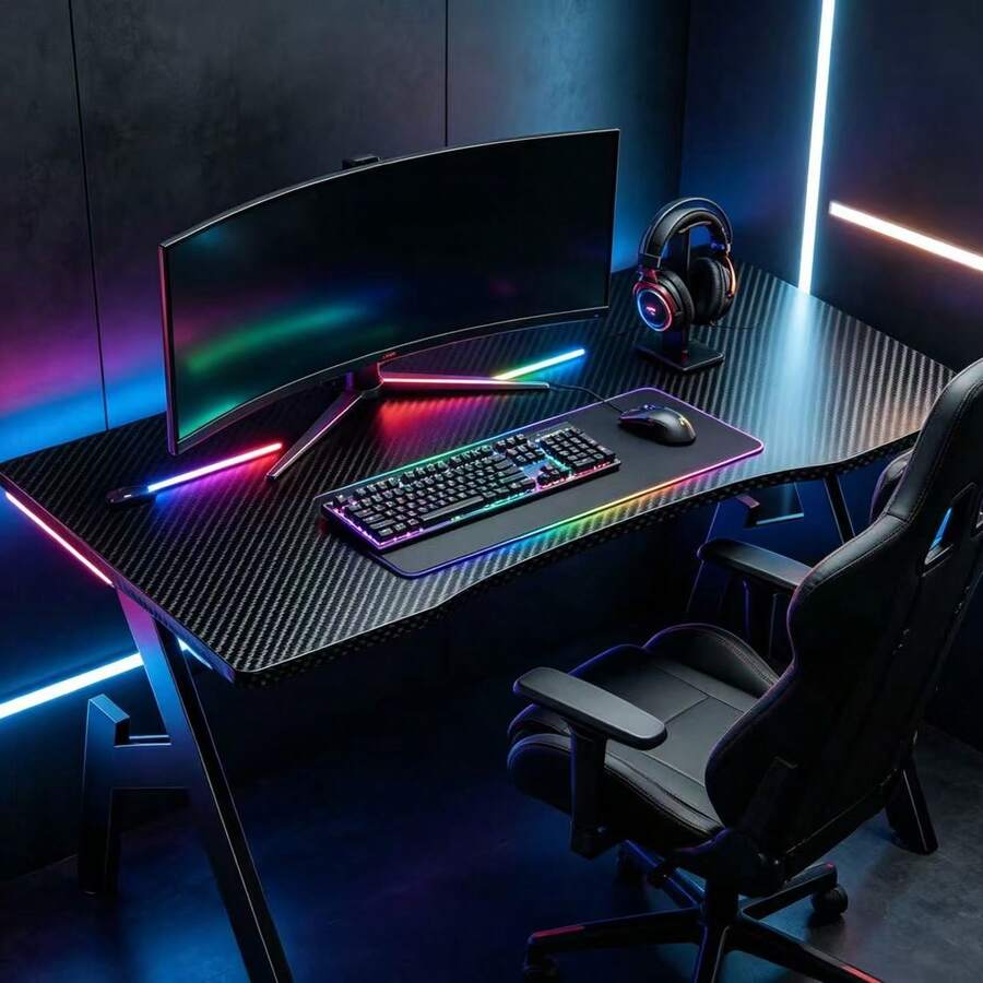 32 Inch A-Shaped Gaming Desk With Carbon Fibre Surface - Ergonomic PC Workstation For Home Office & Simple Gaming - Black - View 1