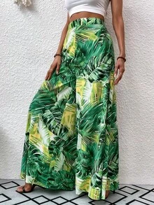 Pantalones de pierna ancha con estampado tropical - Verde 2 - Ver 4