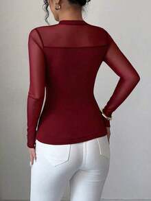 Blusa de manga larga elegante de unicolor con empalme transparente y ajuste elástico para mujer, otoño/invierno - Burdeos - Ver 2