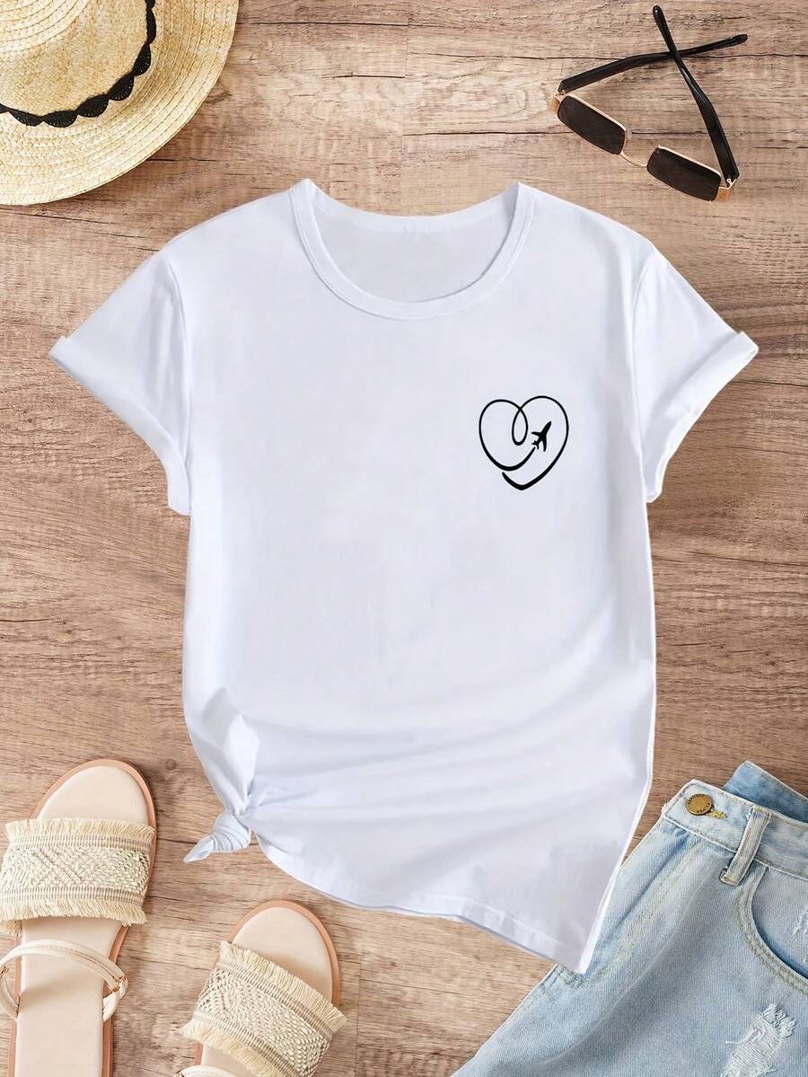Camiseta de manga corta y cuello redondo para mujer, holgada, con estampado de avión con forma de corazón, ideal para el verano y un estilo casual - [Blanco] - Ver 1