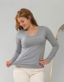 Set Of 2 Long Sleeve T-Shirts, Base Layer Blouses, V-Neck, Slim Fit, Workwear, Winter, Basic, Plain - 灰色 - 查看 6