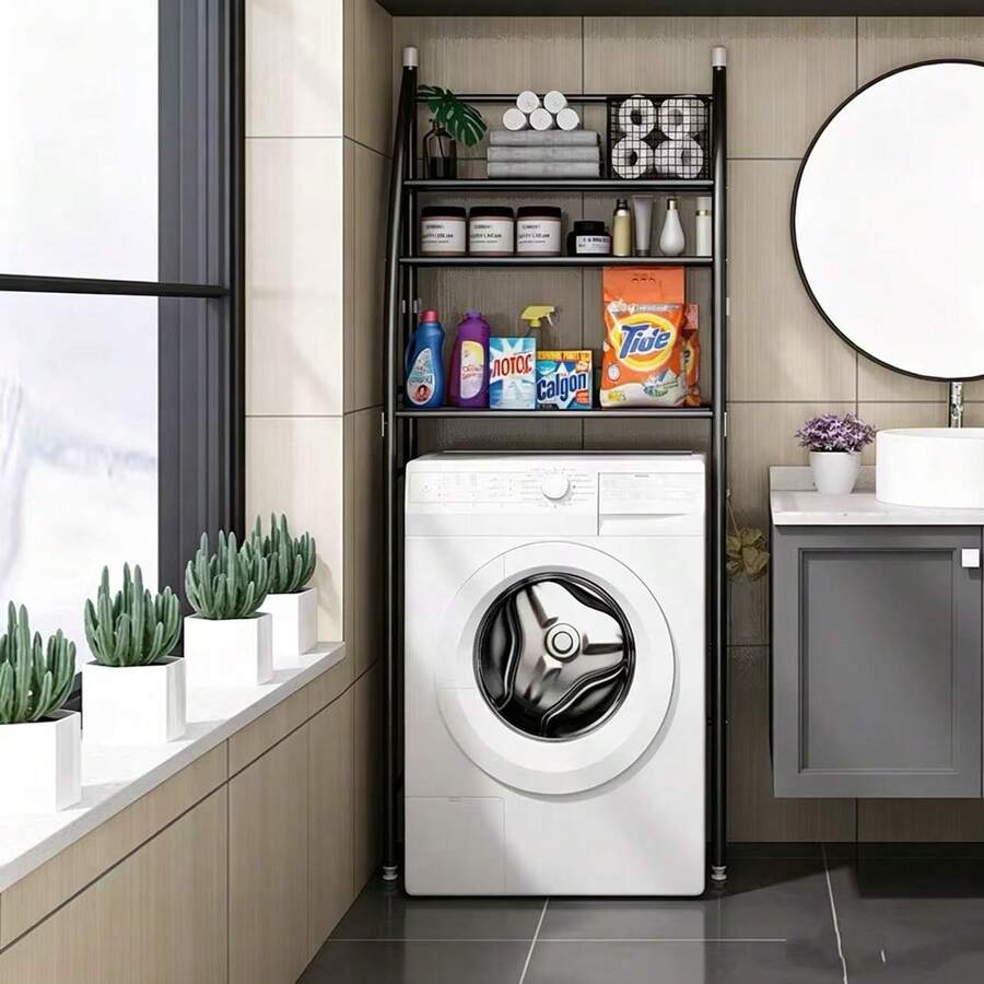 1 pieza Estante de almacenamiento superior para lavadora, organizador de estantería para baño, lavandería y secadora, estantería de pie de varios niveles para ahorrar espacio en el balcón - Negro - Ver 1