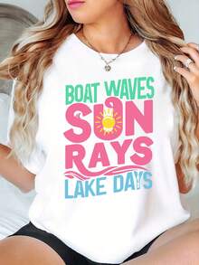 1 camiseta casual de verano para mujer, con diseño de ondas y rayos de sol, perfecta para un día en el lago.Esta camiseta de manga corta y cuello redondo está hecha de tela ligera. 100% algodón de 180g. - Blanco - Ver 6