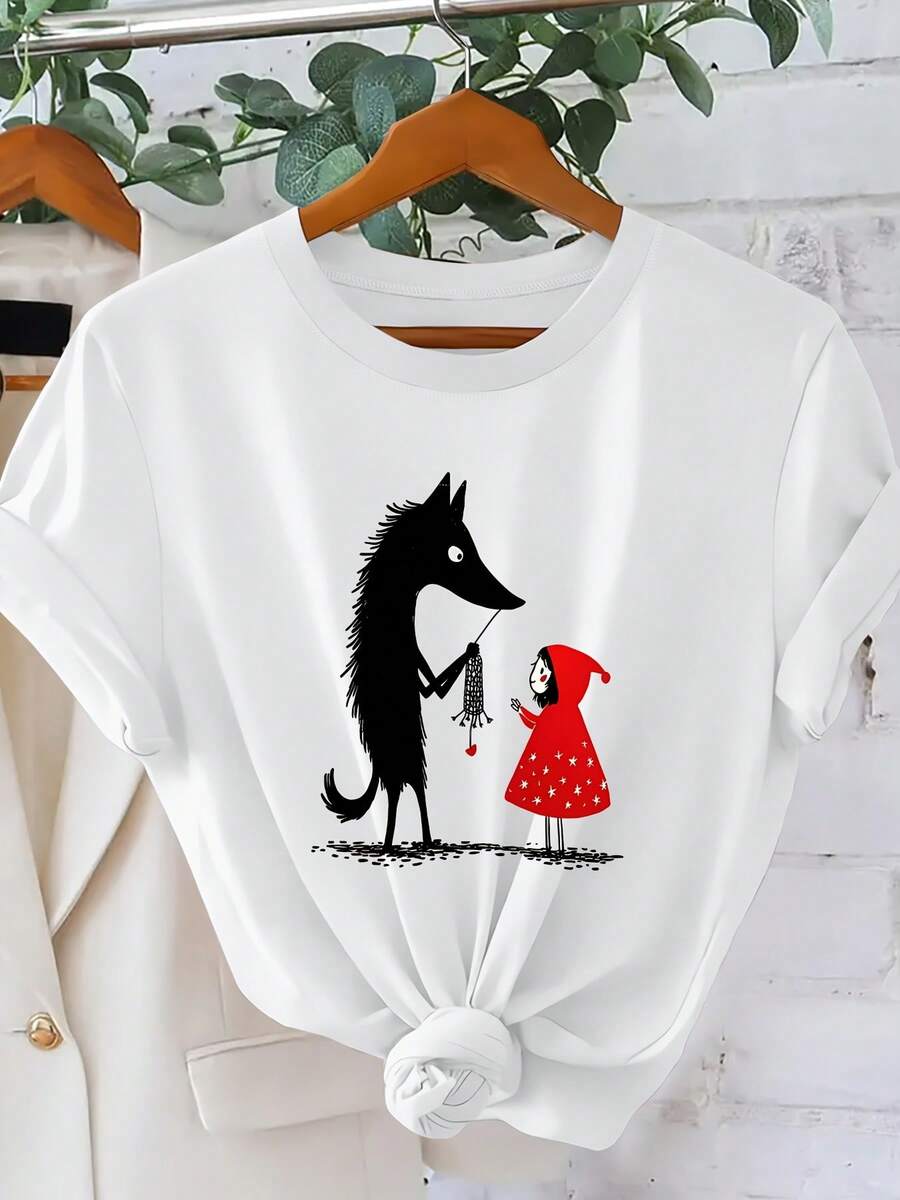 Camiseta para mujer con estampado de ilustración de Caperucita Roja y el Lobo, estilo dulce y aireado de primavera/verano 2026, manga corta, atuendo casual, top de ajuste holgado, tema de cuento de hadas lindo, diseño moderno y versátil, ropa de mujer S-XXL - Blanco - Ver 1