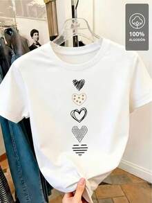 Oversize, Manga Corta, Corazones Blancos y Dorados Verticales - Camiseta 100% Algodón 100% - Blanco - Ver 5