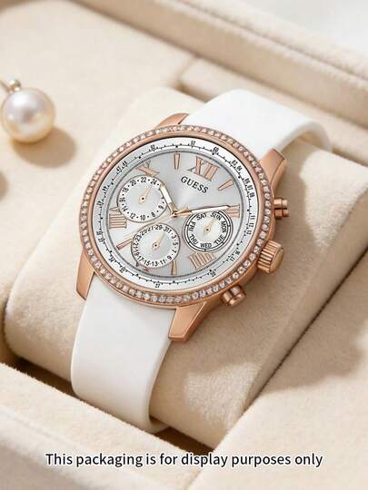 Guess Women's Rose Gold Watch, Crystal Bezel, White Silicone Strap, Quartz Chronograph Wristwatch, Suitable For Daily Wear And Party, Ideal Gift For Women W0616L1