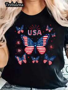 Camiseta de Mujer Trebalena con Estampado de Bandera Americana Patriótica y Mariposas - 100% Algodón, Cuello Redondo, Manga Corta, Estilo Casual, Ideal para el Día de la Independencia, el Día de los Caídos, el 16 de Junio y el Día de la Madre - Lavable a Máquina, Diseño Impreso Duradero para Primavera, Verano y Otoño. - Negro - Ver 7