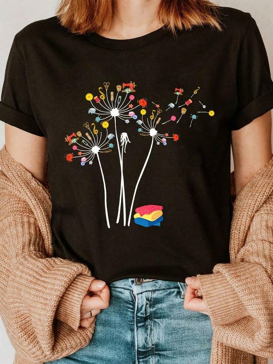 Under The Radar Dandelion Print Crew Neck T-Shirt, Casual Short Sleeve Top For Summer And Spring, Women's Clothing - Vintage Street Style Unisex Loose Cotton Short Sleeve Crew Neck T-Shirt - 黑色 - 查看 1