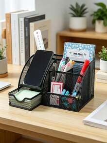 1pc Large Capacity Black Mesh Desktop Storage Box With 7 Compartments - Durable Iron Wire Office & School Supply Organizer Box For Stationery Storage, Painted Surface, Multi-Functional Storage Box - Black - View 5