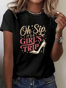 Camiseta de Mujer con Estampado de Viaje "¡Oh Drink! Thirsty" - Manga Corta, Cuello Redondo, Blusa de Verano y Primavera para Atuendos Casuales, Viajes y Vestimenta Informal - Top Cómodo Lavable a Máquina con Temática de Bebidasblusas para mujer>ropa - Negro - Ver 6