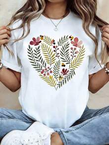 Camiseta de mujer, estampado floral de corazones, camiseta blanca de manga corta y cuello redondo, lavable a máquina, estilo casual, ajuste cómodo, diseño moderno, versátil para uso diario, tela suave, estilo a la moda. - Blanco - Ver 1