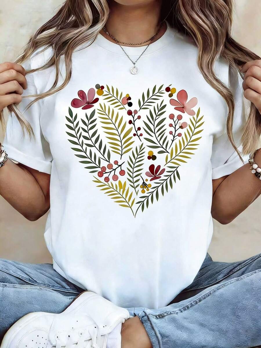 Camiseta de mujer, estampado floral de corazones, camiseta blanca de manga corta y cuello redondo, lavable a máquina, estilo casual, ajuste cómodo, diseño moderno, versátil para uso diario, tela suave, estilo a la moda. - Blanco - Ver 1