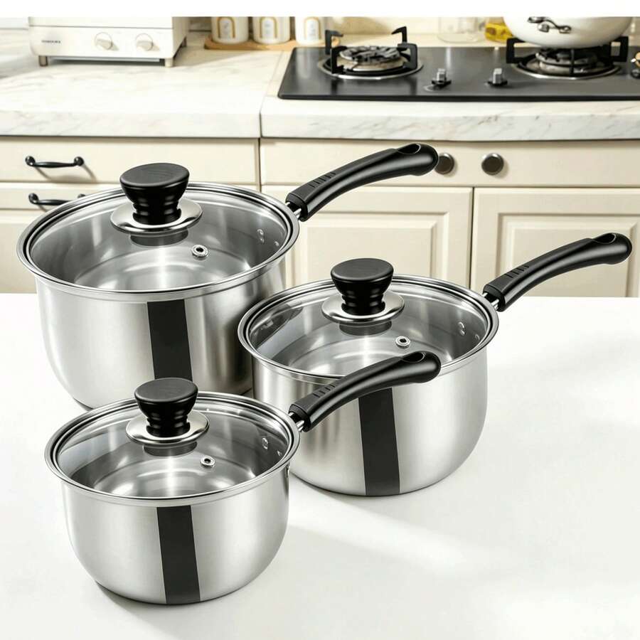 3 Set Stainless Steel Kitchen Cookware Set, Stock Pot, 3 Pots With 3 Lids & Handles, Durable Cooking Pots Set, Ideal Gift For Women, Mom, Family And Friends For Home Kitchen Use - View 1