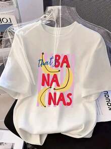 Camiseta casual de mujer con estampado de plátanos, eslogan en inglés, fondo a rayas, estampado divertido, cuello redondo y mangas cortas, estilo casual para primavera, verano y otoño, ropa de verano, top de mujer para la vuelta al cole, camisas de mujer. - Blanco - Ver 2