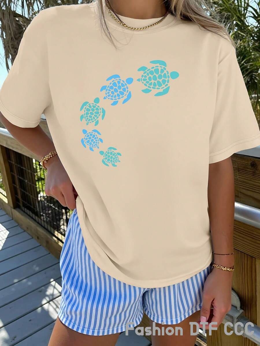 Women's Elegant And Beautiful Pure Cotton T-Shirt Y2K Style, Fashionable Short Sleeve Top, Urban Hip Hop Style, Casual And Breathable, Turtle Print, For Beach Trips, Gym, Summer Clothes, Outdoor Sports, Gift. - 卡其色 - 查看 1