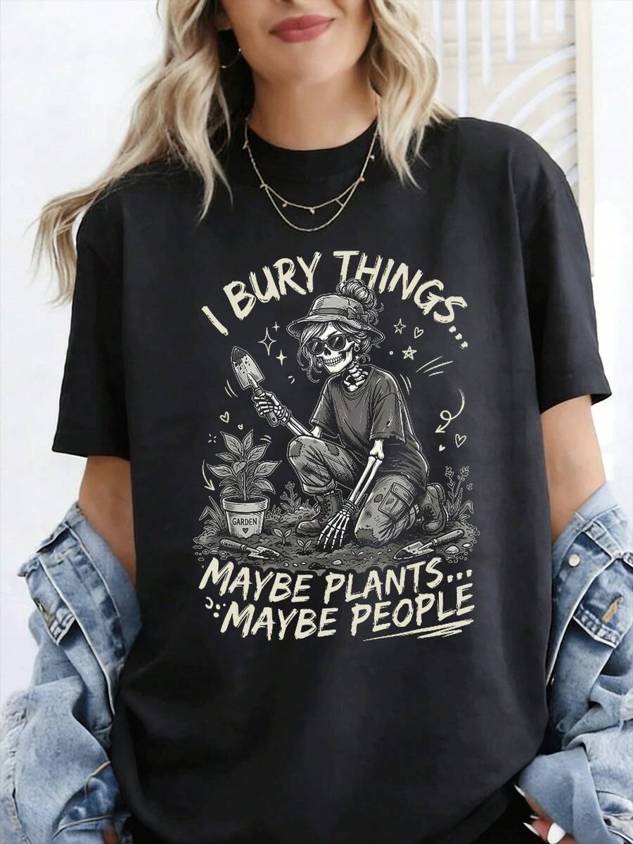 Una camiseta de mujer de manga corta, holgada, moderna, a la moda, retro y elegante, adecuada para actividades al aire libre en primavera y verano.Camiseta divertida con el meme y la descripción 'Entierro cosas, tal vez plantas, tal vez personas, calaveras'.Camiseta holgada estilo Y2K para mujer, estilo callejero vintage de los años 2000, camiseta estampada holgada, 180G.blusas para mujer,blusas casuales para dama,tops,, mujer premium,y2k,playeras de mujer curvy,ofertas y liquidaciones ropa mujer,playeras deportivas para mujer,,playeras de hombre, mujer,blusas>elegante DMDZ - Negro - Ver 1