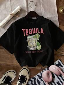 Una camiseta de mujer de manga corta, holgada, moderna, a la moda, retro y elegante, adecuada para actividades al aire libre en primavera y verano, con el estampado de cóctel de tequila para mujer - con el eslogan "Cheaper than Relax", camiseta casual negra de cuello redondo, con diseños de limón y tequila, perfecta para primavera/verano, ropa casual de verano, camiseta con estampado divertido, ajuste cómodo.blusas para mujer,blusas casuales para dama,tops,, mujer premium,y2k,playeras de mujer curvy,ofertas y liquidaciones ropa mujer,playeras deportivas para mujer,,playeras de hombre, mujer,blusas>elegante WUTN - Negro - Ver 8