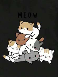 Camiseta con estampado de gato de dibujos animados y letraPure-Cotton - Negro - Ver 7