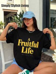 SSL-Ropa de Verano para Mujer, Estampado de Letras "Una Vida Fructífera Guiada por Dios", Conjuntos Casuales Vintage para Mujer, Ropa Vintage para Mujer, Conjuntos de Playa para Mujer, Adecuado como regalo. playera de mujer. blusas>elegantes. boho chic,Top de mujer suave, transpirable y cómodo, ideal para primavera, verano y otoño, perfecto para vacaciones, viajes y uso diario. - Negro - Ver 1