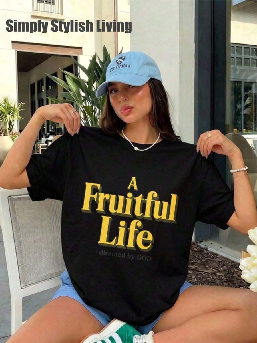 SSL-Ropa de Verano para Mujer, Estampado de Letras "Una Vida Fructífera Guiada por Dios", Conjuntos Casuales Vintage para Mujer, Ropa Vintage para Mujer, Conjuntos de Playa para Mujer, Adecuado como regalo. playera de mujer. blusas>elegantes. boho chic,Top de mujer suave, transpirable y cómodo, ideal para primavera, verano y otoño, perfecto para vacaciones, viajes y uso diario. - Negro - Ver 1