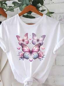 Camiseta de Mujer con Estampado Gráfico de Mariposas, Manga Corta, Cuello Redondo, Top Casual para Verano y Primavera, Ropa de Mujer, Camiseta de Cuello Redondo 100% Algodón para Parejas, Tr - Blanco - Ver 1