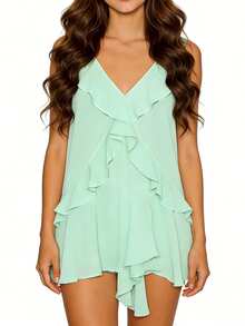 Women's Chiffon Ruffle Mini Dress V-Neck Sleeveless Flowy Swing Dress Tiered Ruffle Hem A-Line Dress For Summer - Lime Green - View 3