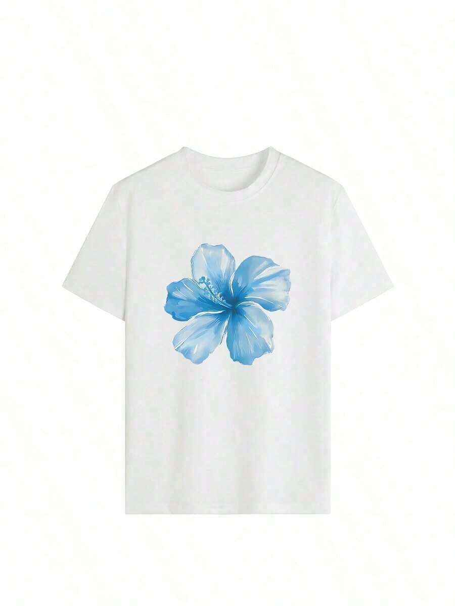 Set de 1 camisetas de manga corta de cuello redondo con estampado de flores, estrellas de mar y conchas, de uso casual diario, de moda y versátiles, adecuadas para vacaciones en la playa, para mujeres - Blanco - Ver 1