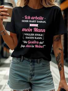 Women's Tops, Women's T-Shirts, Mother's Day, Casual Blouses For Ladies, Women's Tops, 2000s Style, German Wife Humor Print T-Shirt, Women's Casual Short Sleeve Crew Neck T-Shirt, Spring-Summer, Everyday Leisure, Holiday Gift - 黑色 - 查看 6