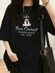 1 Piece Of Women's Fashion T-Shirt, Spring-Summer, With A White Teddy Bear Wearing Fashionable Glasses And Red And Blue Striped Pants, 180g, 100% Cotton. - Black 6 - 查看 6
