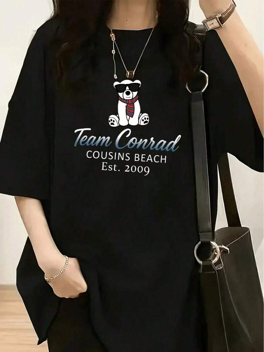 1 Piece Of Women's Fashion T-Shirt, Spring-Summer, With A White Teddy Bear Wearing Fashionable Glasses And Red And Blue Striped Pants, 180g, 100% Cotton. - 黑色 14 - 查看 1