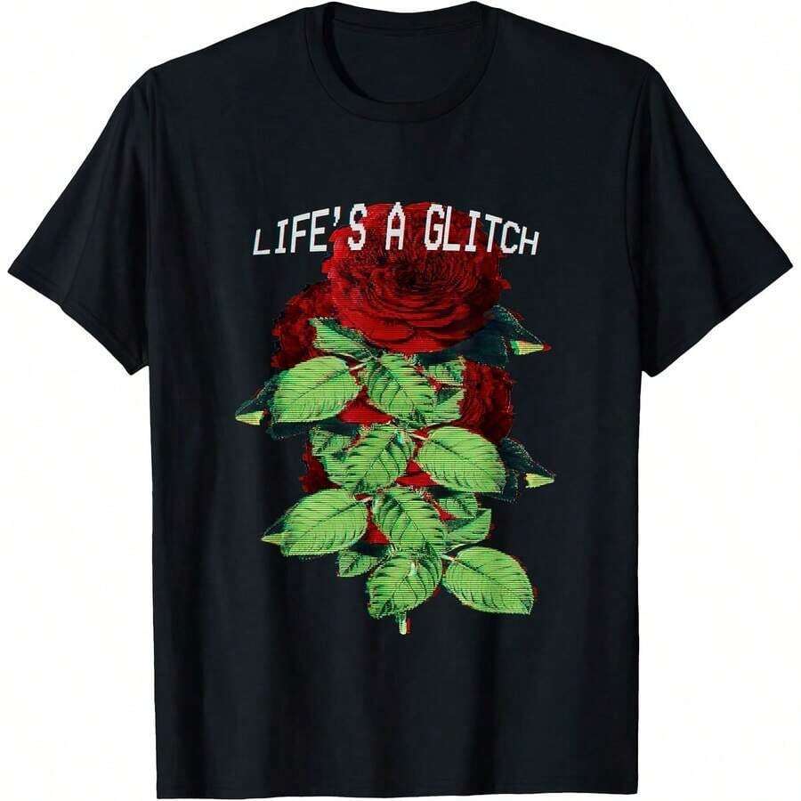 1 Piece Of A Glitch Roses. Vaporwave Otaku Glitch Art Print Gif T-Shirt For All Seasons, 100% Cotton, Single-Sided Print, Crew Neck, Short Sleeve, Unisex, Base Layer, 180g Cotton. - 顏色 4 - 查看 1