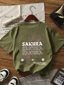 Women's Casual White T-Shirt With Sakura Graphic Print, Short Sleeve With Drop Shoulders, Round Neck, Medium Elasticity Knit Fabric For Spring Fashion - 軍綠色 - View 3
