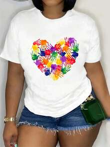 [Camiseta Suave para Maestras] Camiseta Casual Suave para Mujeres Maestras, Diseño Colorido de Huella de Mano en Forma de Corazón, Cuello Redondo, Manga Corta, Perfecta para Primavera, Verano y Otoño, Transpirable y Cómoda - Blanco - Ver 6