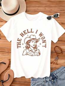 Women's Clothing Women's Crew Neck T-Shirt With Cowgirl Print With Hat And The Phrase "I Won't Text", Short Sleeve, Casual Wear For Daily Outings And Western Style Events, Women's Shirts - 白色 - 查看 2