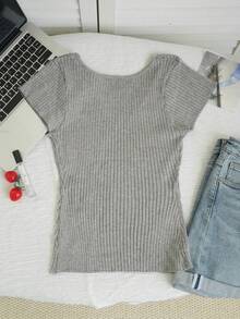 New Solid Color Versatile Slim Fit Waist Cinched Cap Sleeve Knit Top, Spring/Summer - Gray - View 6