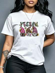 Yeehaw Women's Western Gnome Sunflower Cowgirl Graphic Print T-Shirt, Casual Summer Short Sleeve Tee, Everyday Basic Women's Shirts - 白色 - 查看 6