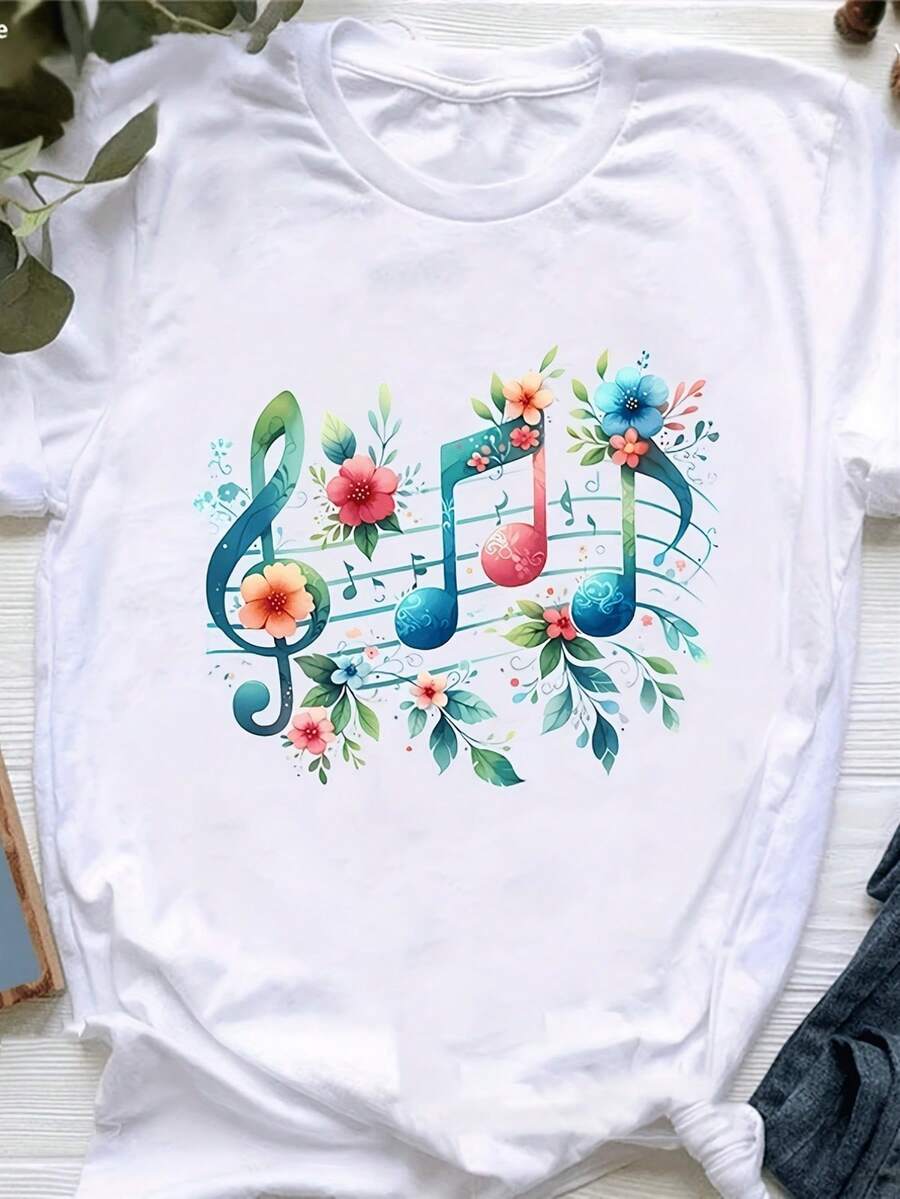 Women's 100% Cotton Casual Short Sleeve T-Shirt - Short Sleeve T-Shirt With A Round Neck And Print. Breathable, Machine-Washable Fabric. Comfortable, Simple, And Stylish For Everyday Summer Wear. Perfect Gift. Loose Fit. Local Shipping. - 白色的 - 查看 1