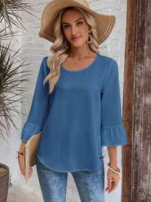 Camisa de mujer de unicolor, minimalista y casual de cuello redondo y manga larga - Azul - Ver 5