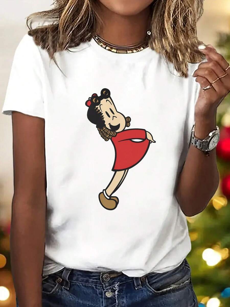 Women's Y2K Style Cartoon Print T-Shirt, Casual Short Sleeve Crew Neck Top, All Seasons Clothing | Loungewear | Fashionable Letter Print - 白色 - 查看 1