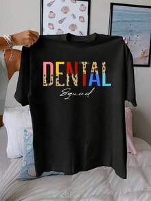 100% Cotton T-Shirt For Dentists And Dental Assistants, Crew Neck, Printed, Short Sleeve, Casual For Everyday Wear, Excellent Gifts For Friends And Family, 100% Cotton T-Shirts, Youthful And Modern Design, Casual Blouses For Women - 黑色 - 查看 6