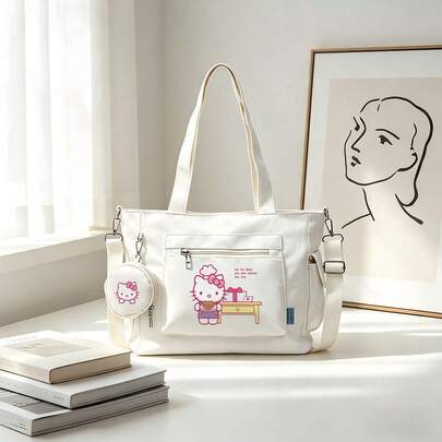 Miniso 三丽鸥Hello Kitty白色休闲多功能大容量手提包两件套，带可拆卸零钱包，多种携带方式，适合工作、旅行、购物和日常使用。