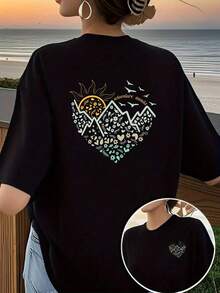 Printed T-Shirt With Front And Back Designs, Adventure Travel Motif, Mountain, Short Sleeve, Round Neck, Modern And Fashionable Casual Style, Double-Sided Print Short Sleeve T-Shirt For Women. - 黑色 - 查看 8