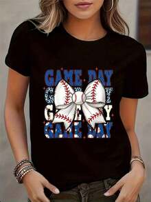 Women's Casual Round Neck Short Sleeve T-Shirt With Baseball Mom Print, Machine Washable, Summer Fashion, Floral Print, Short Sleeve, Lightweight, Elastic, Round Neck, Casual T-Shirts For Outdoor Activities, Streetwear, Everyday Casual Wear. - 黑色 - 查看 1