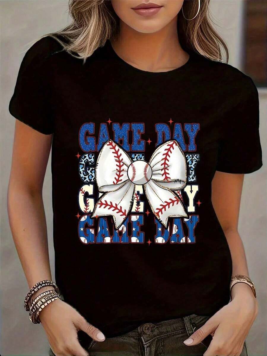 Women's Casual Round Neck Short Sleeve T-Shirt With Baseball Mom Print, Machine Washable, Summer Fashion, Floral Print, Short Sleeve, Lightweight, Elastic, Round Neck, Casual T-Shirts For Outdoor Activities, Streetwear, Everyday Casual Wear. - 黑色 - 查看 1