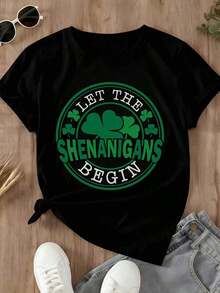 Mexican Women's Crew Neck T-Shirt With "Let The Shenanigans Begin" And St. Patrick's Day Shamrock Print, Short Sleeve, Casual Style For Parties And Celebrations. Summer Fashion Cotton T-Shirt - 黑色 - 查看 3