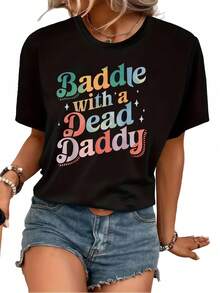 Women's Soft T-Shirt With Casual Print, Vintage Style Short Sleeve Top, Funny Slogan T-Shirt,  Summer Black Shirt, Elegant Blouses For Women. - 黑色 - 查看 1