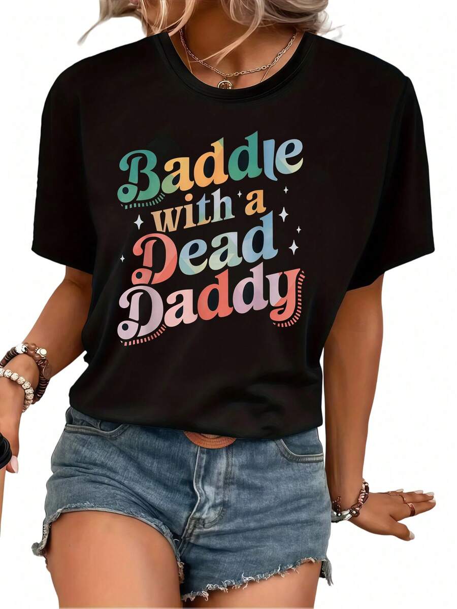 Women's Soft T-Shirt With Casual Print, Vintage Style Short Sleeve Top, Funny Slogan T-Shirt, Summer Black Shirt, Elegant Blouses For Women. - 黑色 - 查看 1
